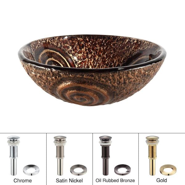 KRAUS Luna Glass Vessel Sink in Brown with Pop-Up Drain and Mounting Ring in Gold