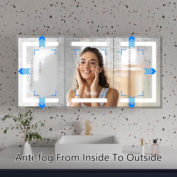 48 in. W x 24 in. H Rectangular Silver Aluminum Beveled Edge Dimmable Medicine Cabinet with Mirror Defogger