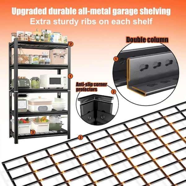 5-Layer Metal Storage Rack, Adjustable Height Storage Rack, 2000 lbs. Load For Garages, Kitchens, Supermarkets in Black
