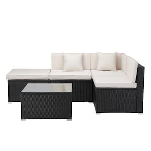 5-Piece Wicker Outdoor Patio Rattan Sectional Sofa Set With White Cushions Pillows and Coffe Table