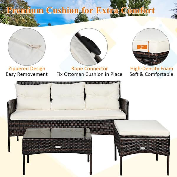 Costway 3pcs Patio Rattan Furniture Set 3-Seat Sofa Cushioned Table Garden, White
