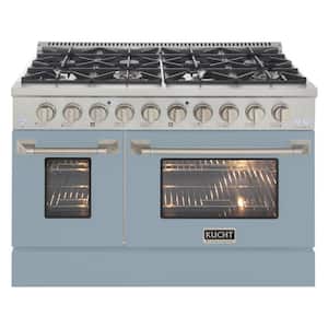 48 in. 6.7 cu. ft. 8-Burners Double Oven Dual Fuel Range Natural Gas in Stainless Steel and Light Blue Oven Doors