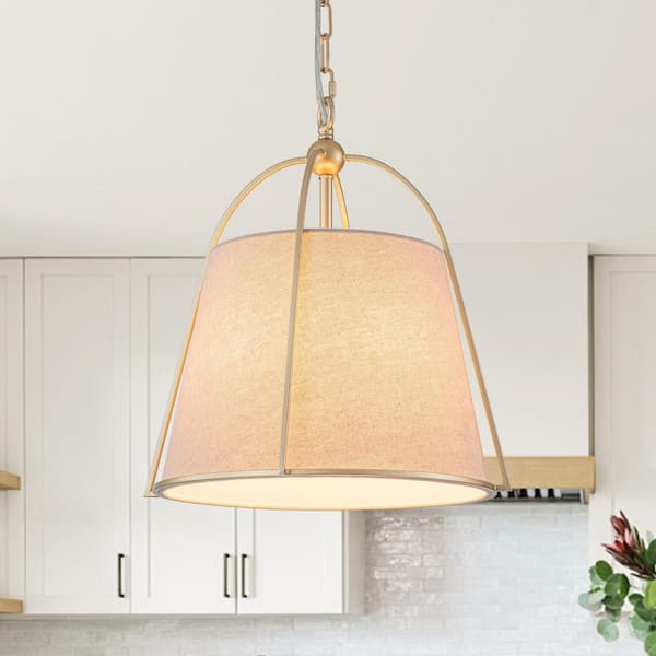 Haven 1-Light 14.6 in.W Gold Drum Pendant Light with Linen Fabric Cover for Kitchen/Living Room