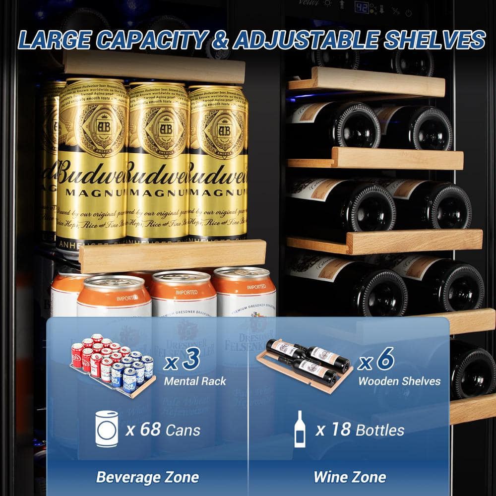 Velivi 24 in. Dual Zone 18-Wine Bottles and 88-Can Built-In and Freestanding with French Door Beverage and Wine Cooler in Black KMYL120B-HD