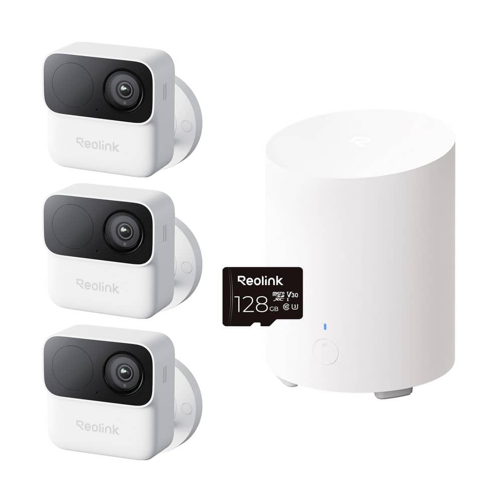Home Hub Mini 3-Camera Wireless Security Ctr W/Argus MagiCam 2MP Battery Operated Wi-Fi Cameras and 128GB SD Card, White