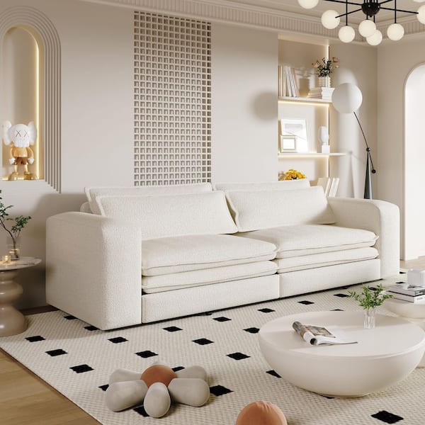 Sally 93 in. Beige+White Polyester Upholstery King Size 3 in 1 Convertible Sofa Bed, Pull Out Sofa with 2 Lumbar Pillows
