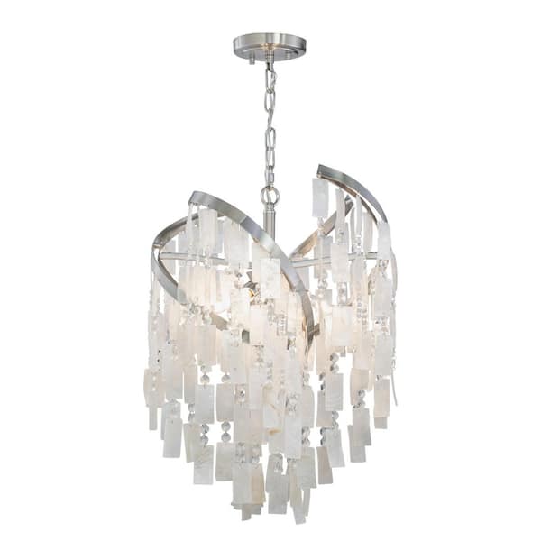 Isabel 4-Light Satin Nickel Coastal Glam Pendant Chandelier Light with Capiz Shells and Crystal