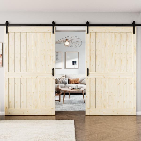 96 in. x 84 in. Paneled H Shape Solid Core Pine Unfinished Wood Sliding Barn Door Slab with Hardware Kit and Soft Close