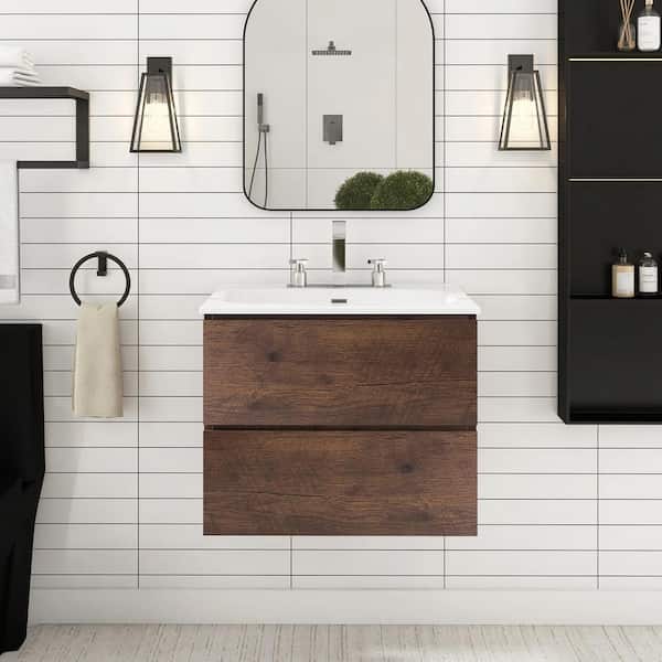 JimsMaison 24 in. W x 18 in. D x 21 in. H Single Sink Floating Bath Vanity in Walnut with White Ceramic Top