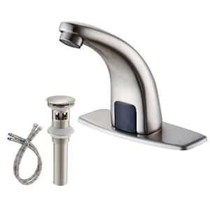 Automatic Touchless Single Hole Low Arc Deck Mount Bathroom Faucet With Deck Plate and Pop Up Drain In Brushed Nickel