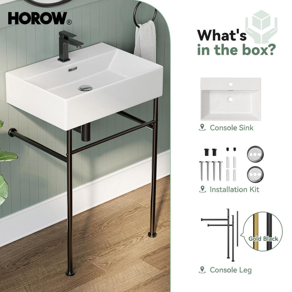 24" White Ceramic Wall-Mount Bathroom Console Sink with Black Legs