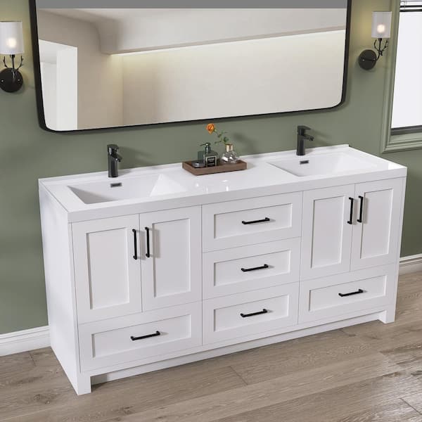 72 in. W x 22 in. D x 35.5 in. H Freestanding Bath Vanity White Solid Wood Cabinet with Double Sink Solid Surface Top