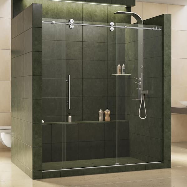 DreamLine Enigma 68 to 72 in. W x 79 in. H Frameless Sliding Shower Door in Polished Stainless Steel with Clear Glass