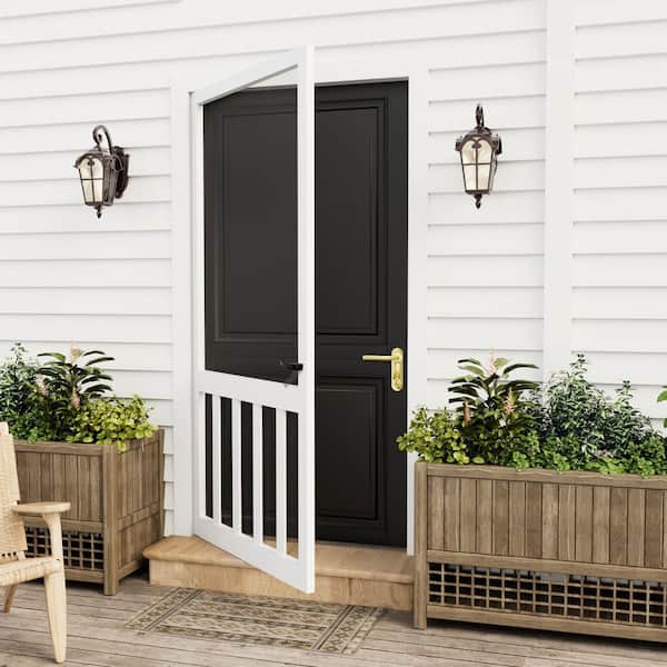 36in. x 80in. Universal Primed White Pine Vertical Slat Screen Door with Lock-Classic 5-Bar Style Gauze Mesh Hinged Door