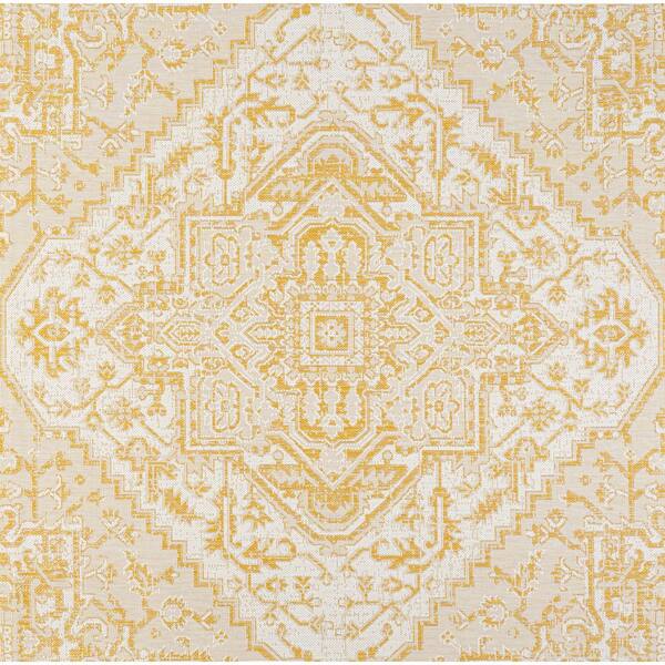 Estrella Bohemian Medallion Textured Weave Cream/Yellow 5 ft. Square Indoor/Outdoor Area Rug