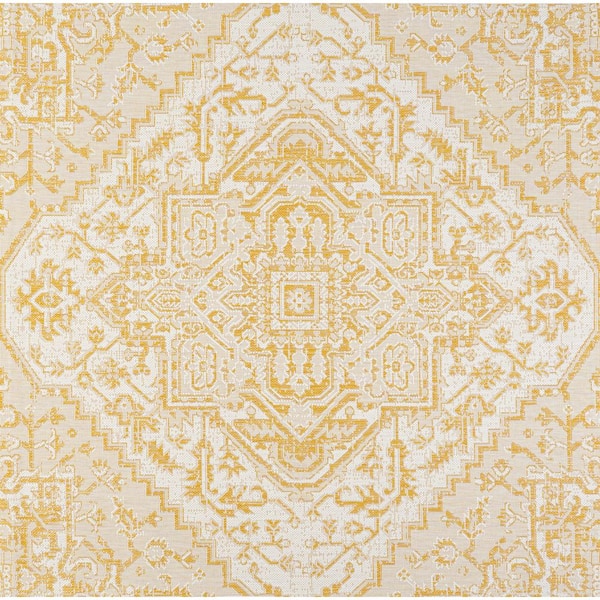 Estrella Bohemian Medallion Textured Weave Cream/Yellow 5 ft. Square Indoor/Outdoor Area Rug