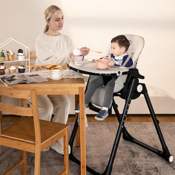 Grey 4-in-1 Plastic Foldable Baby High Chair Height Adjustable Feeding Chair w/Wheels