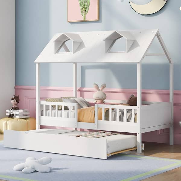 Harper & Bright Designs White Twin Size Wood House Bed with Trundle ...