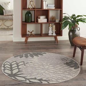 Aloha Gray 4 ft. x 4 ft. Round Floral Modern Indoor/Outdoor Patio Area Rug