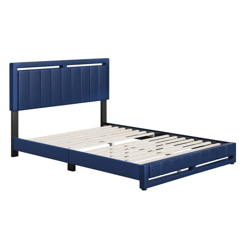 King Blue Faux Leather Upholstered Platform Bed with Tufted Headboard