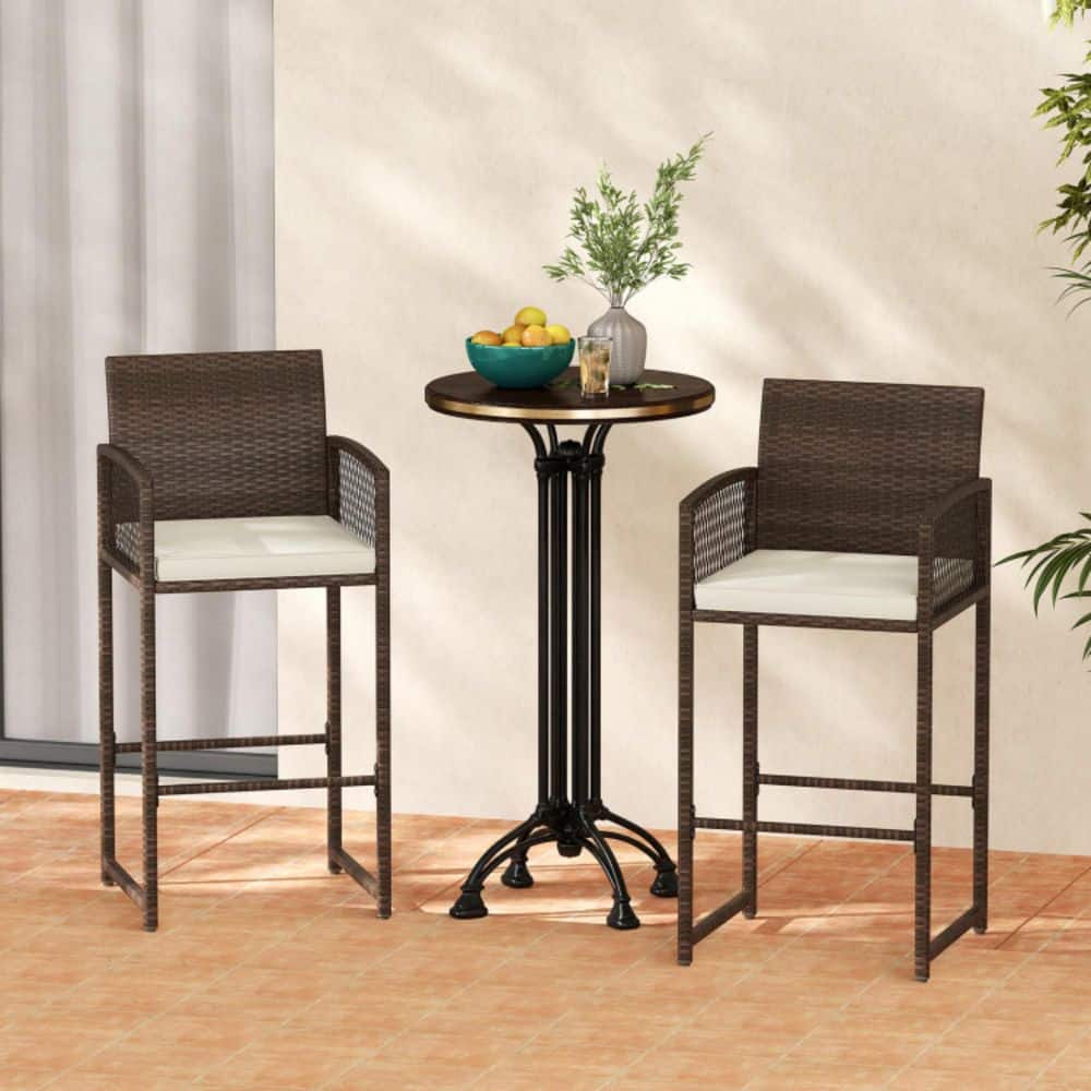 44 in. H PE Wicker Metal Outdoor Bar Stool with Beige Cushions Patio Bar Height Stool for Porch Backyard (Set of 2) price history on PriceWatchPro