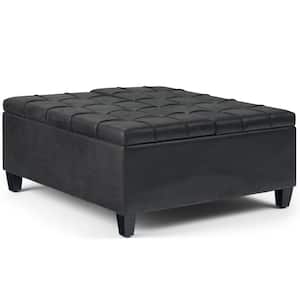 Harrison 36 in. Wide Transitional Square Coffee Table Storage Ottoman in Distressed Black Faux Leather