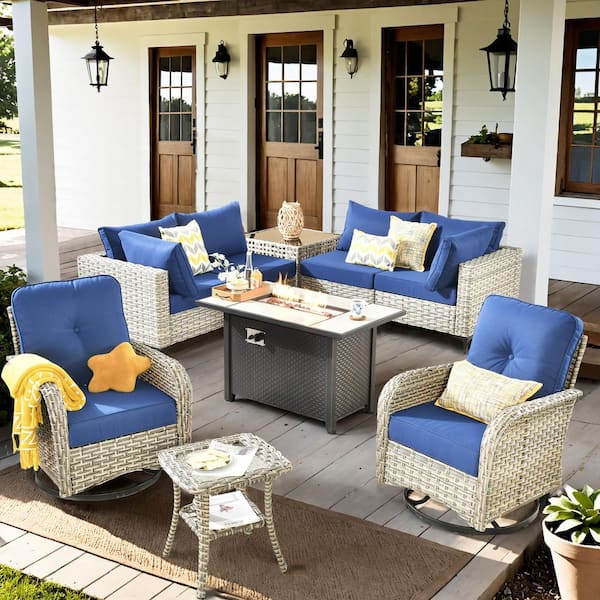 Solvoc 9-Piece Wicker Outdoor Patio Conversation Set with 42 in. Fire Pit Table, Navy Blue Cushions and Swivel Chairs