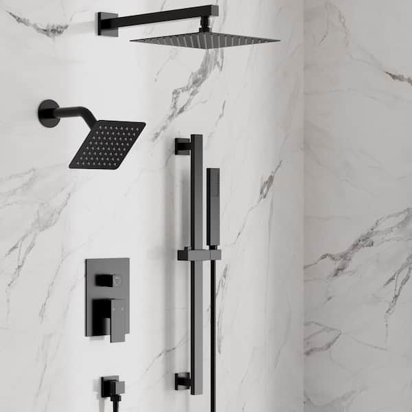 3-Spray 10 and 6 in. Wall Mount Dual Shower Heads and Handheld Shower Head in Matte Black (Valve Included)
