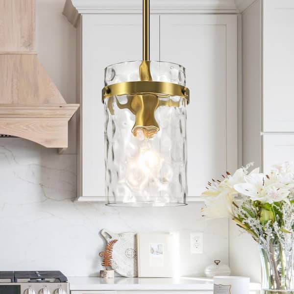 Modern Brass Pendant Light for Kitchen Island with Large Hammered Glass Adjustable Hanging Light for Dining Room Foyer