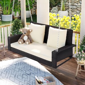 2 Person Outdoor Rattan Swing Chair Bench Patio Wicker Hanging Porch Swing with Chains, Cushion, Pillow (Brown+Beige)