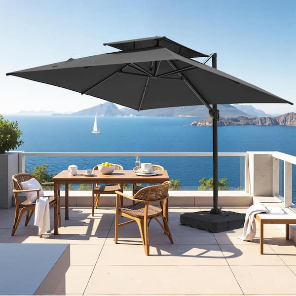 Pellebant 10 ft. Square Dual-Top Aluminum 360° Rotation Offset Outdoor Cantilever Patio Umbrella in Black with Fillable Base Stand