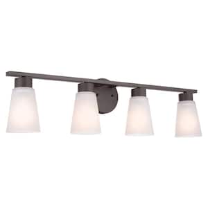 Stamos 31 in. 4-Light Olde Bronze Modern Bathroom Vanity Light with Satin Etched Glass Shades