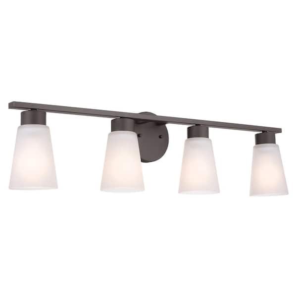 KICHLER Stamos 31 in. 4-Light Olde Bronze Modern Bathroom Vanity Light with Satin Etched Glass Shades