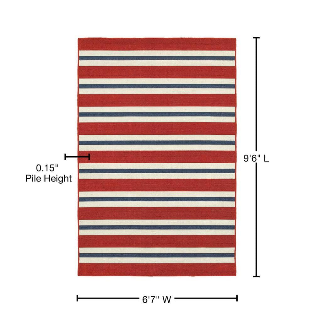Red and White Striped Polypropylene Outdoor Rug, 7'10" x 10'10"