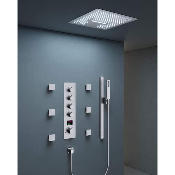 LED Thermostatic Valve 15-Spray 16 in. Ceiling Mount Dual and Handheld Shower 2.5 GPM with Slider Bar in Brushed Nickel