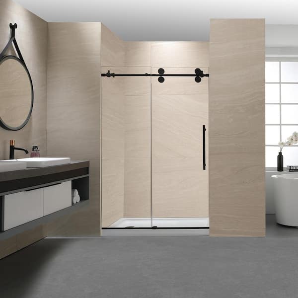 UPIKER 48 in. W x 76 in. H Sliding Frameless Shower Door in Matte Black Finish with Clear Glass