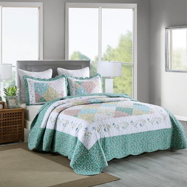MarCielo B027 Printed 3-Piece Frost Blue Floral Polyester King Size  Lightweight Quilt Set B027_K - The Home Depot