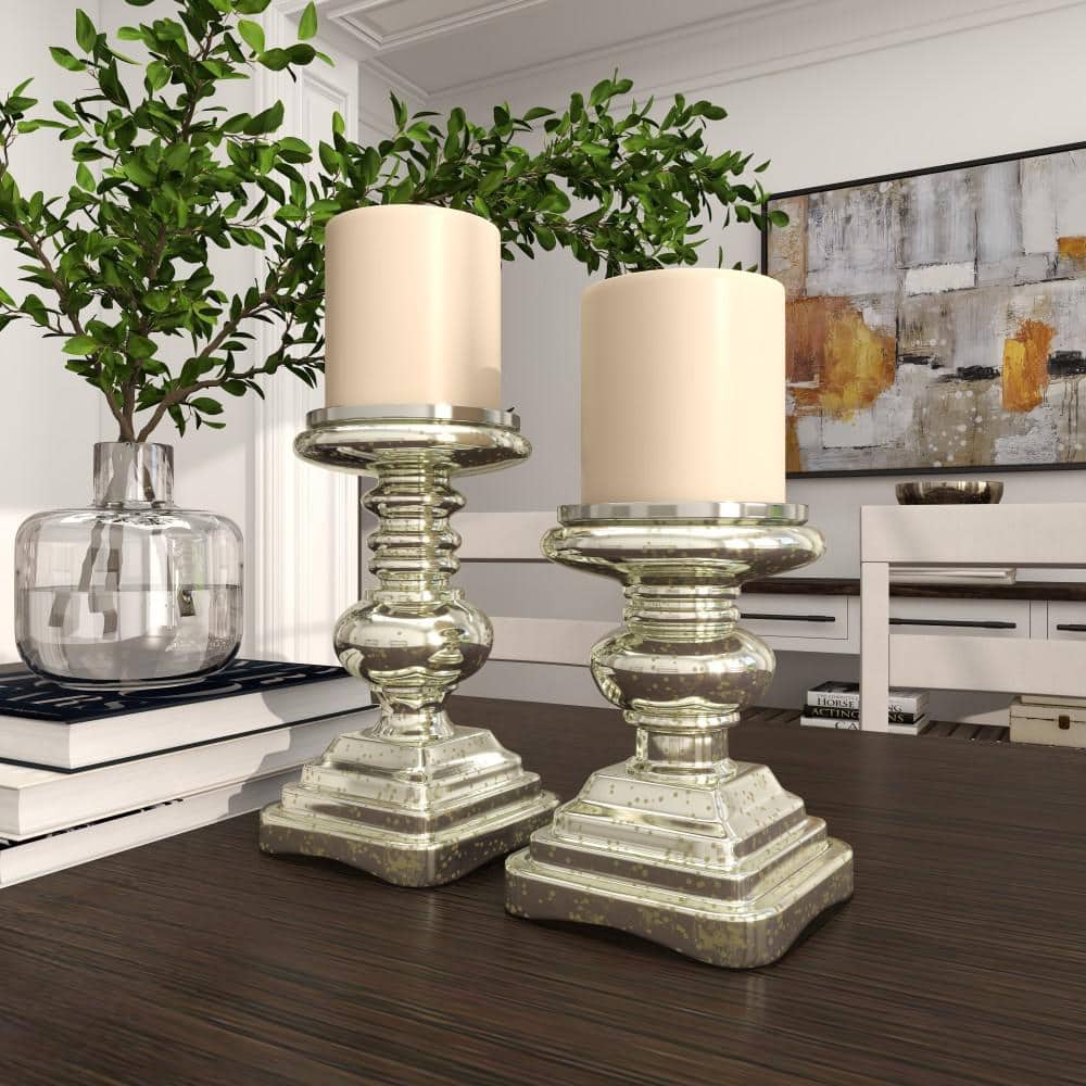 Elegant Silver Mercury Glass Pillar Candle Holder Set, 9" & 7"H