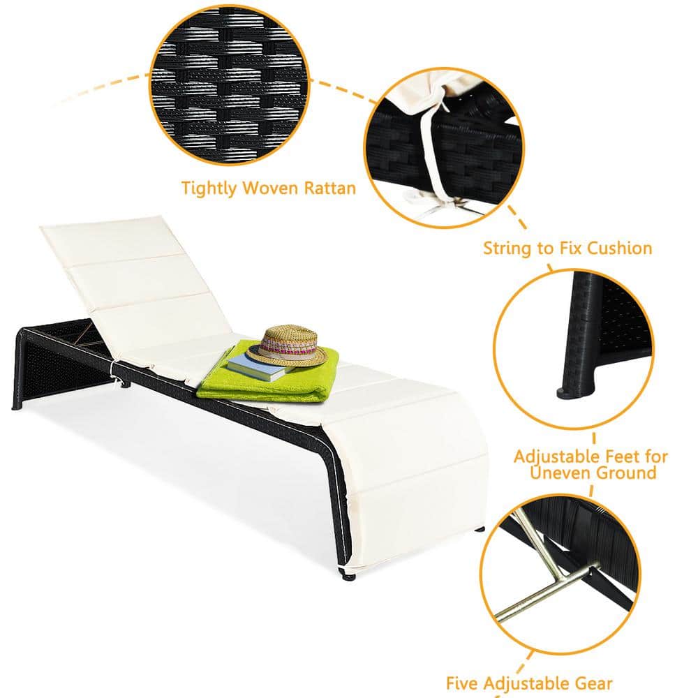 Adjustable Black Rattan Outdoor Chaise Lounge with White Cushions