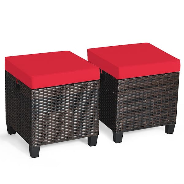 Costway Wicker Outdoor Ottoman With Red, Outdoor Wicker Ottoman
