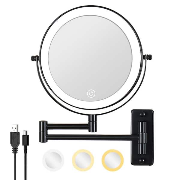 GQB 8 in. W x 8 in. H Bathroom Folding Makeup Mirror in Black with Dimmable LED,1X/10 Magnification,2000mA Battery