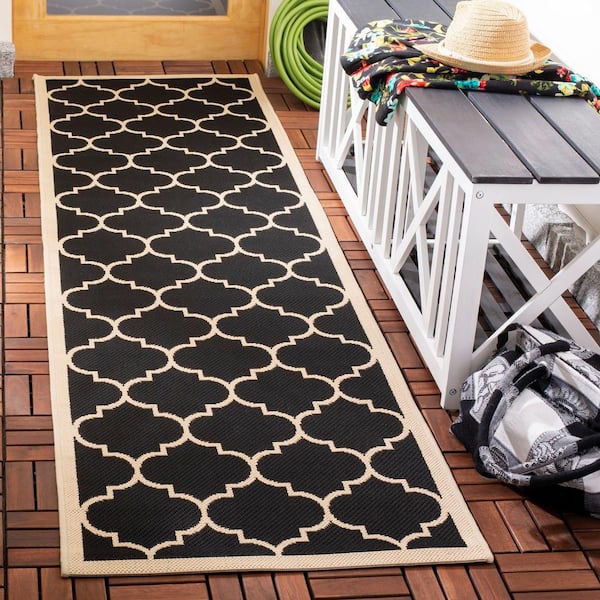 Courtyard Black/Beige 2 ft. x 20 ft. Moroccan Geometric Indoor/Outdoor Patio  Runner Rug