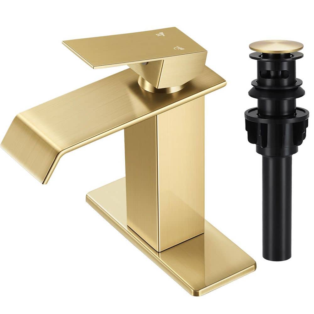 Waterfall Spout Single Handle Single Hole Bathroom Faucet with Deckplate and Pop-Up Drain in Brushed Gold price history on PriceWatchPro