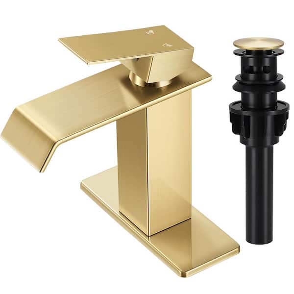 Waterfall Spout Single Handle Single Hole Bathroom Faucet with Deckplate and Pop-Up Drain in Brushed Gold