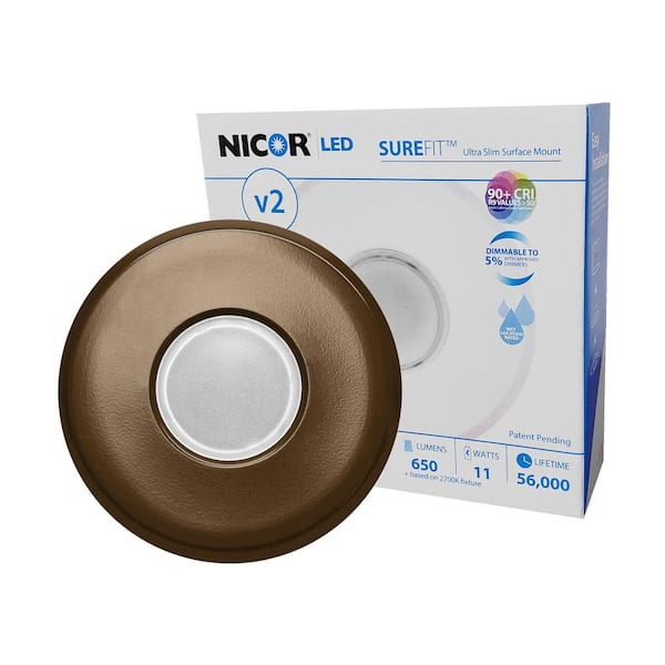 NICOR SureFit(v2) 5.2 in. Round Oil-Rubbed Bronze Ultra Slim LED Flush Mount 2700K