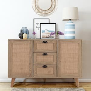47.24 in. Oak Yellow Buffet Sideboard With Particle Board and Pinewood Legs, Natural Rattan Decor Drawers and Doors