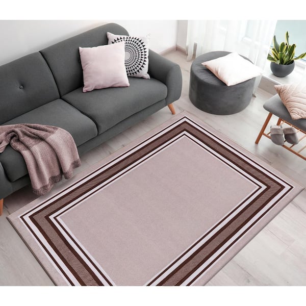 Beverly Rug 3 x 3 Gray Carmel Bordered Non Slip Doormat Indoor Area Rug