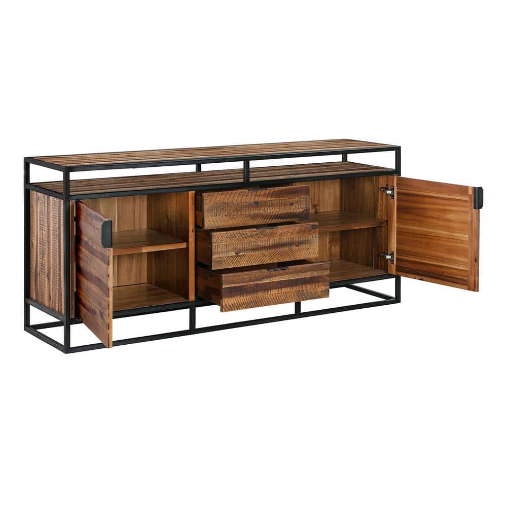 Ludgate Minimalist Acacia Wood & Black Metal 3-Drawer Sideboard Buffet