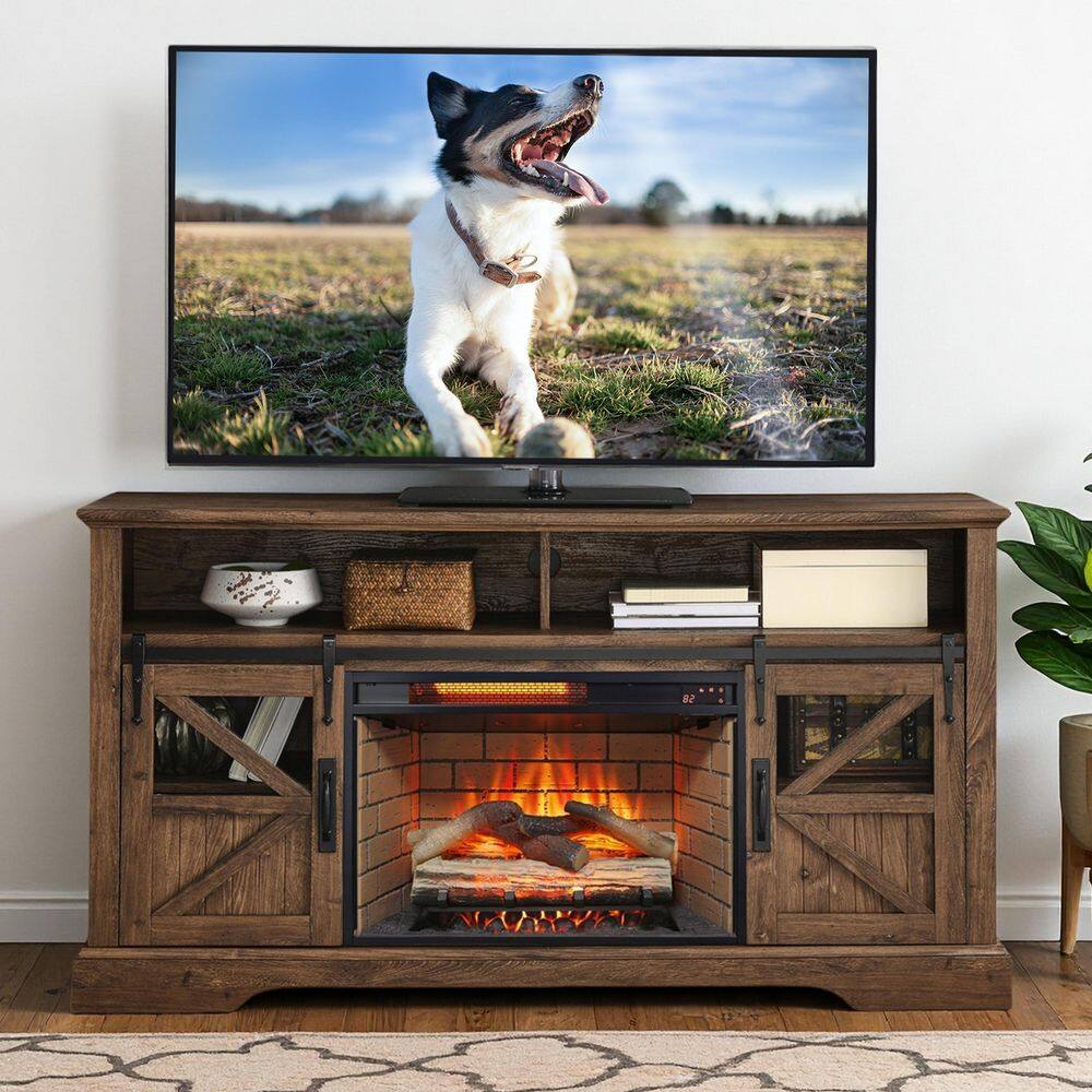 ToolCat 60 in. Freestanding Wooden Electric Fireplace TV Stand with Door Sensor in Reclaimed Barnwood Fits TVs up to 70 in. MGG70-37-EH