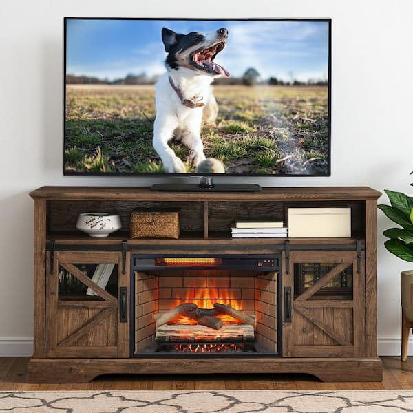 60 in. Freestanding Wooden Electric Fireplace TV Stand with Door Sensor in Reclaimed Barnwood Fits TVs up to 70 in.